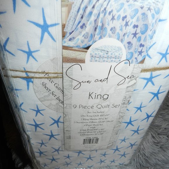 Sun & Sea 9 Pc Quilt Bedding Set Ocean Seashells Coastal King Blue/White NEW/NEW - Picture 14 of 14
